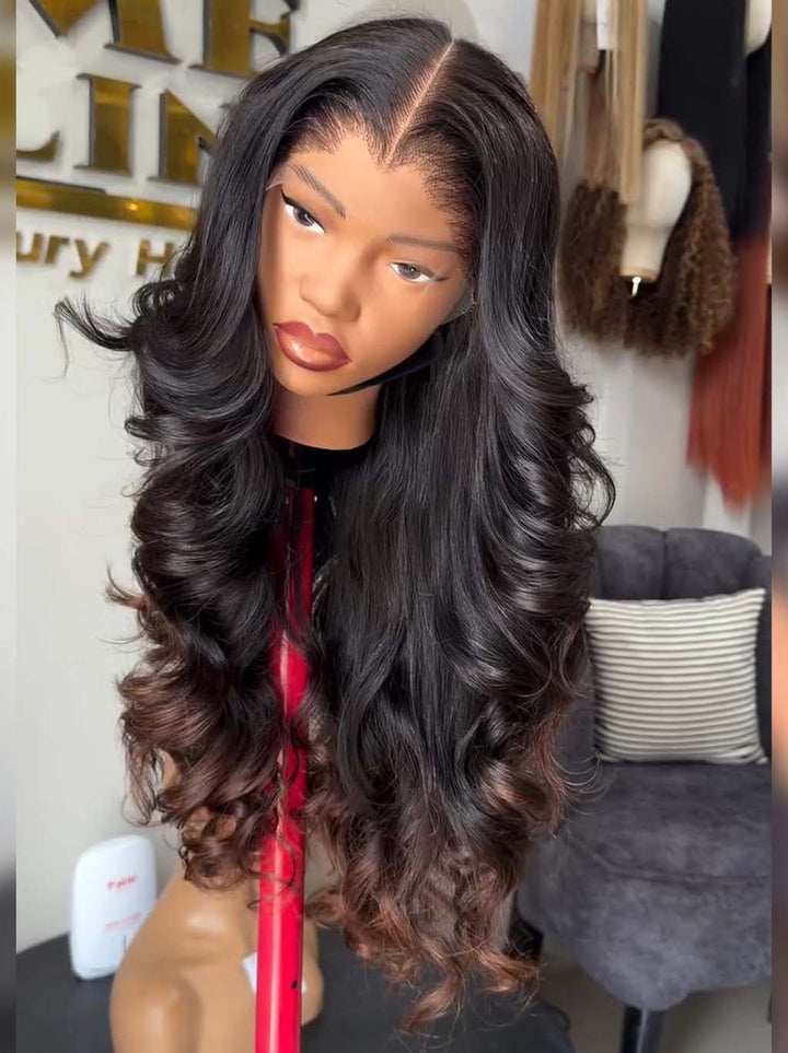 Dorsanee Ombre Black Brown Loose Body Wave 300 Density 13x4 Lace Front Human Hair Wigs
