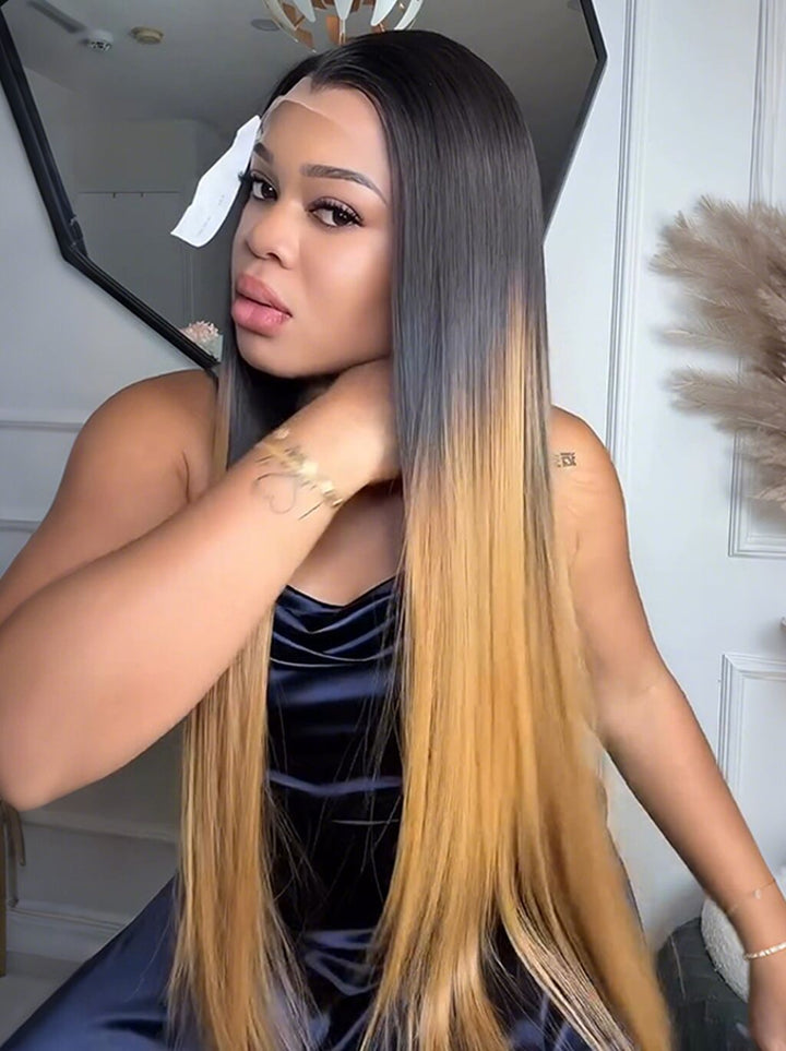 Dorsanee Ombre Black Strawberry Honey Blonde Bone Straight 13x4 Lace Front Human Hair Wigs 300 Density