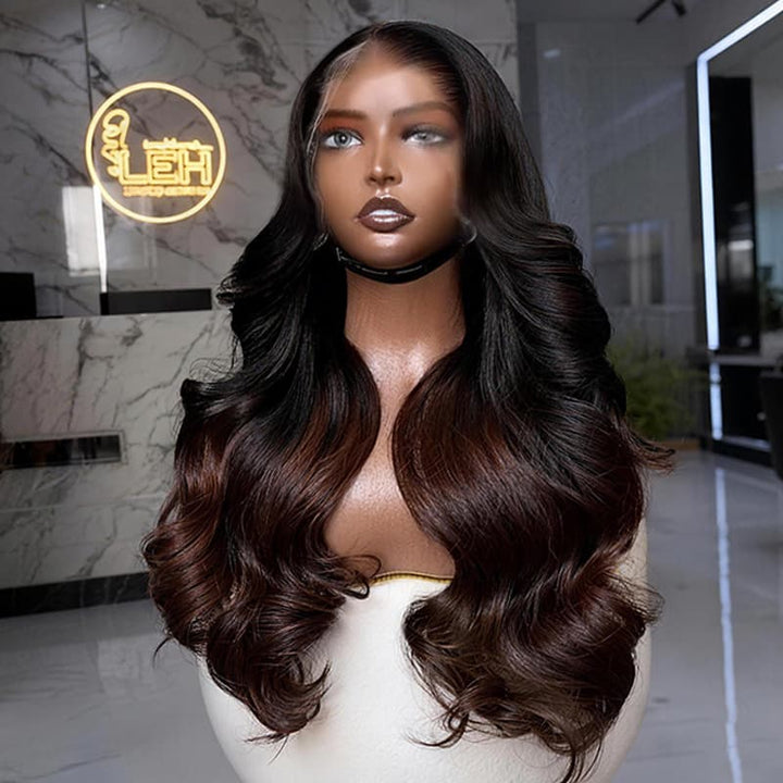 Dorsanee Ombre Black With Caramel Chocolate Brown 13X4 Lace Front Human Hair Wigs 250 300 Density