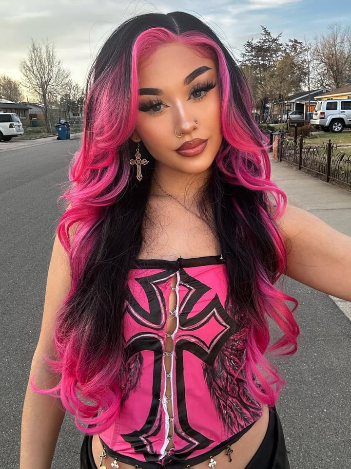 Dorsanee Ombre Black With Hot Pink Skunk Stripe 13x4 Lace Front Human Hair Wig 200 Density