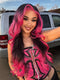 Dorsanee Ombre Black With Hot Pink Skunk Stripe 13x4 Lace Front Human Hair Wig 200 Density
