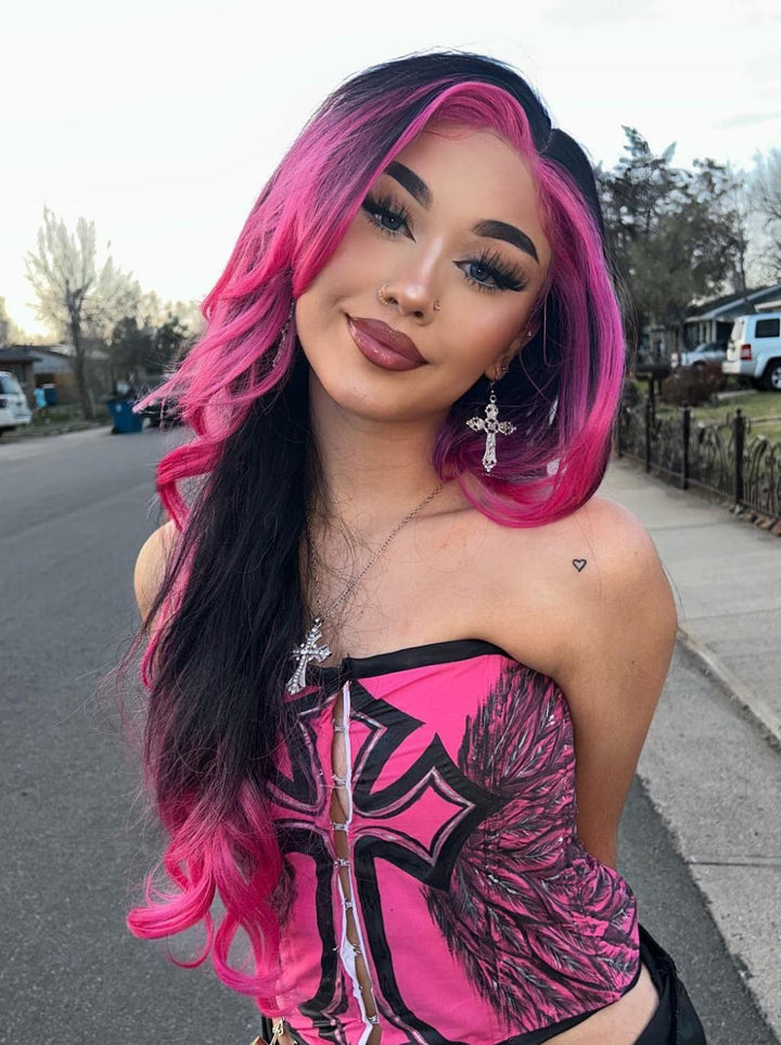 Dorsanee Ombre Black With Hot Pink Skunk Stripe 13x4 Lace Front Human Hair Wig 200 Density