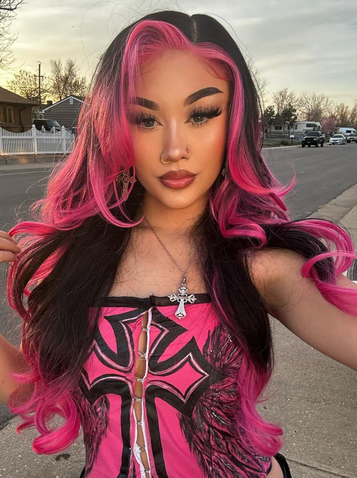 Dorsanee Ombre Black With Hot Pink Skunk Stripe 13x4 Lace Front Human Hair Wig 200 Density