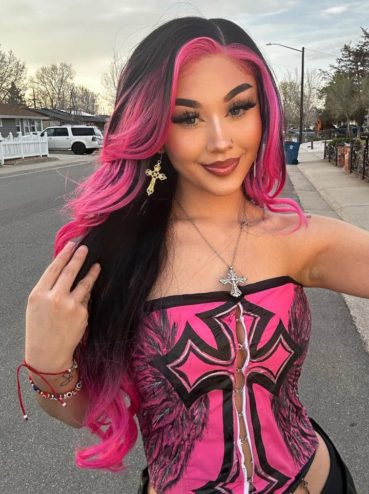 Dorsanee Ombre Black With Hot Pink Skunk Stripe 13x4 Lace Front Human Hair Wig 200 Density