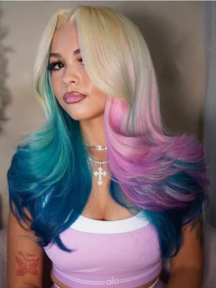 Dorsanee Ombre Blonde Ocean Blue Purple Pink 13x4 Lace Front Human Hair Wig