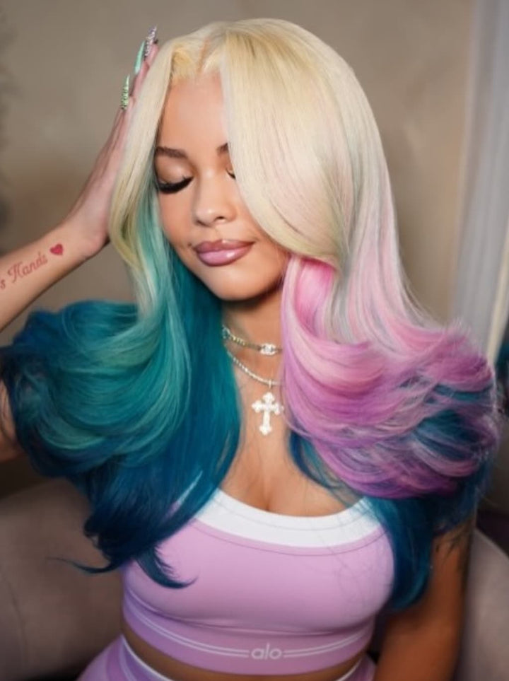 Dorsanee Ombre Blonde Ocean Blue Purple Pink 13x4 Lace Front Human Hair Wig
