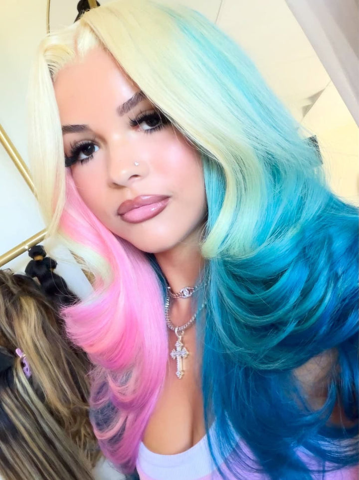 Dorsanee Ombre Blonde Ocean Blue Purple Pink 13x4 Lace Front Human Hair Wig