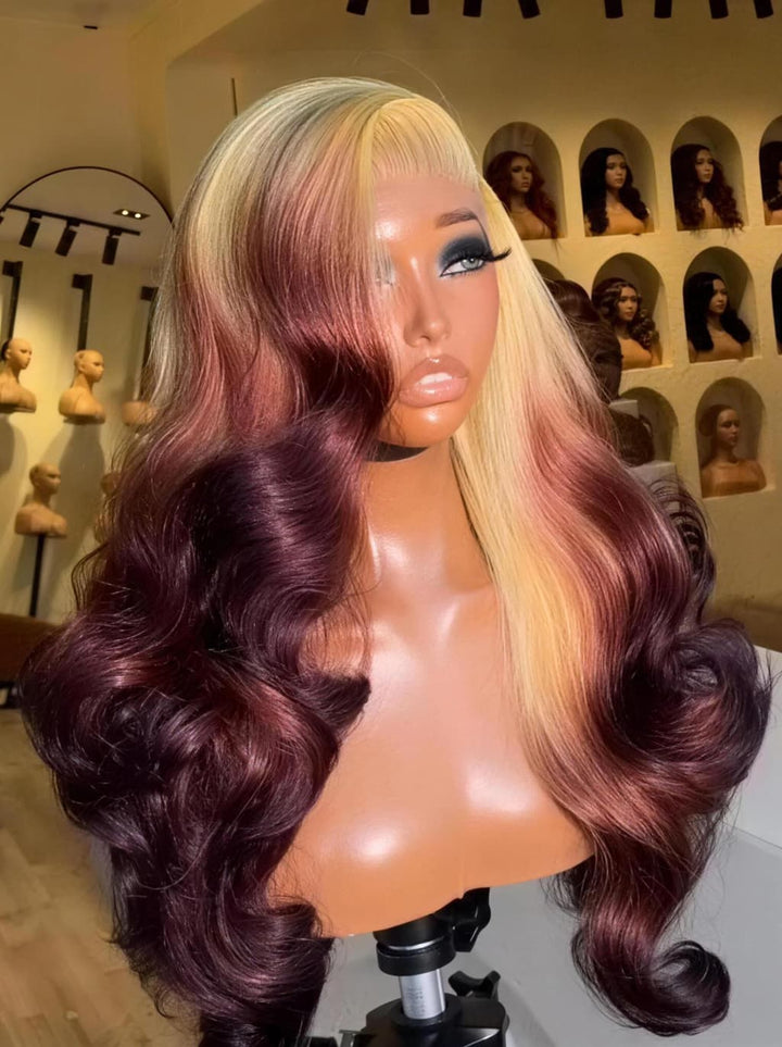 Dorsanee Ombre Dark Cherry Burgundy 13x4 Lace Front Human Hair Wig 200 Density