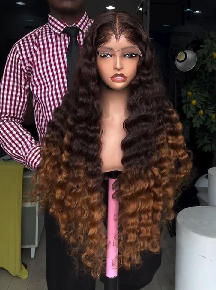 Dorsanee Ombre Dark Copper Brown Loose Deep Wave 300 Density 13x4 Lace Front Human Hair Wigs