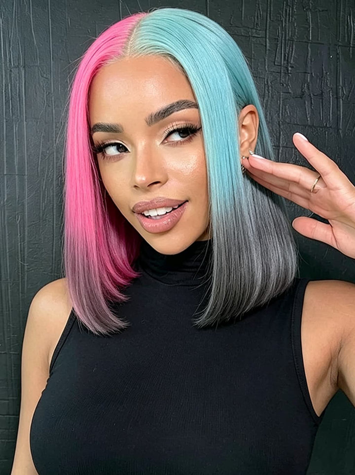 Dorsanee Ombre Half Pink Half Green Black Split Dye 8 10 12 inch Short Bob 13x4 Lace Front Human Hair Wig