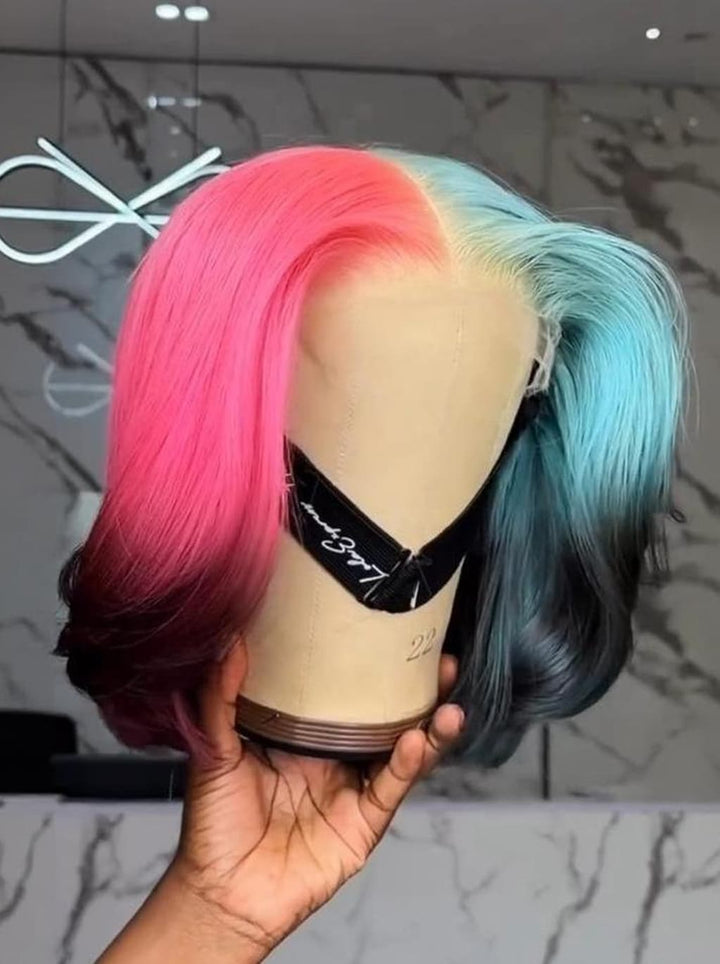 Dorsanee Ombre Half Pink Half Green Black Split Dye 8 10 12 inch Short Bob 13x4 Lace Front Human Hair Wig