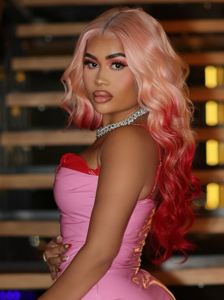 Dorsanee Ombre Pastel Pink Burgundy Red 13x4 Lace Front Virgin Human Hair Wig