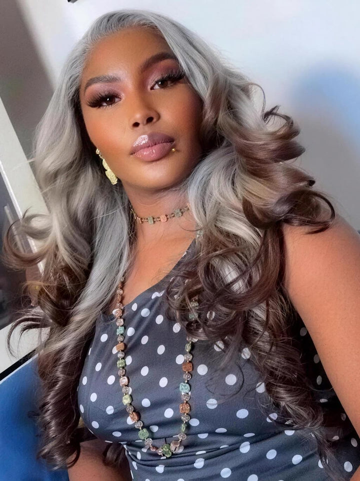 Dorsanee Ombre Silver Ash Gray Brown 13x4 Lace Front Human Hair Wig