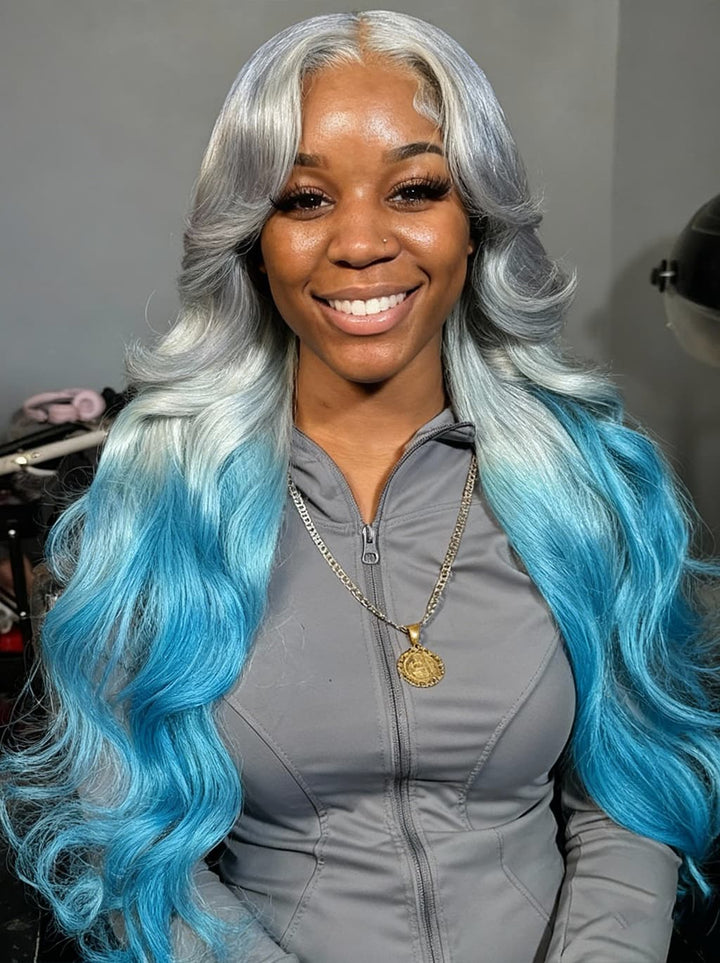 Dorsanee Ombre Silvery Gray Pastel Blue 13x4 Lace Front Remy Human Hair Wigs
