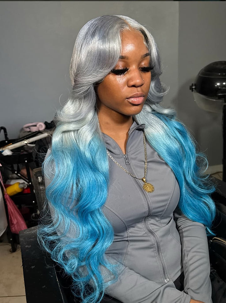 Dorsanee Ombre Silvery Gray Pastel Blue 13x4 Lace Front Remy Human Hair Wigs