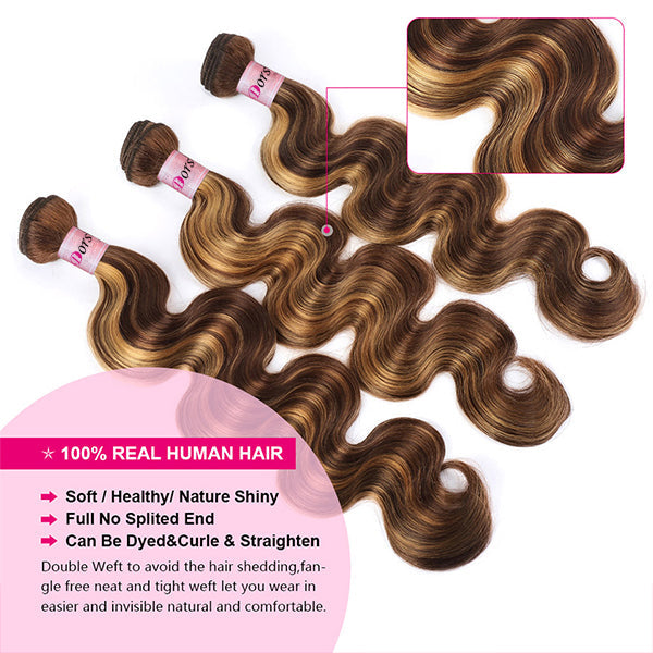 Dorsanee Hair Highlight Colored Human Hair Bundles with 5x5 Closure P4/27 Body Wave Bundles with HD Lace Closure - Dorsanee Hair