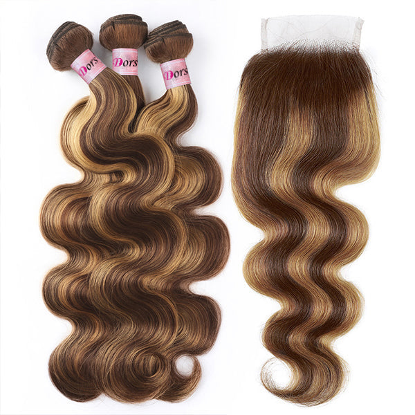 Dorsanee Hair Highlight Colored Human Hair Bundles with 5x5 Closure P4/27 Body Wave Bundles with HD Lace Closure - Dorsanee Hair