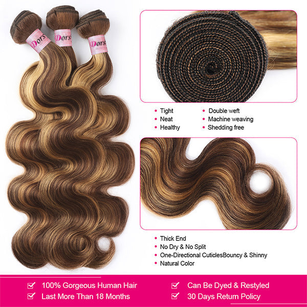 Dorsanee Hair Highlight Colored Human Hair Bundles with 5x5 Closure P4/27 Body Wave Bundles with HD Lace Closure - Dorsanee Hair