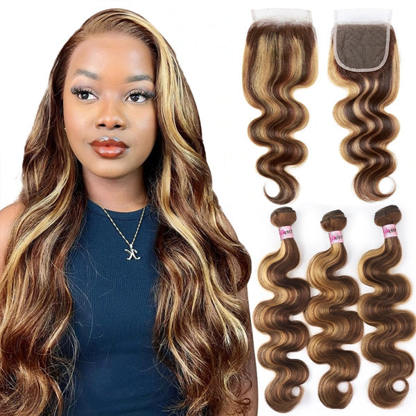 Dorsanee Hair Highlight Colored Human Hair Bundles with 5x5 Closure P4/27 Body Wave Bundles with HD Lace Closure - Dorsanee Hair