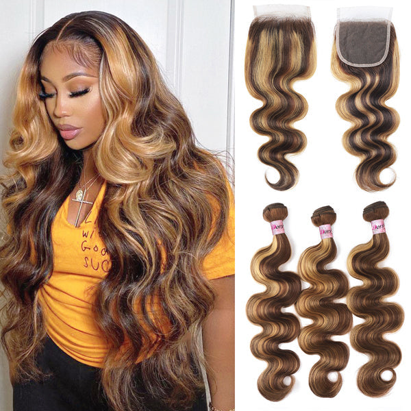 Dorsanee Hair Highlight Colored Human Hair Bundles with 5x5 Closure P4/27 Body Wave Bundles with HD Lace Closure - Dorsanee Hair