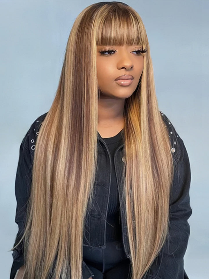 Honey Blonde Brown Highlight #P4/27 Straight Hair With Bangs Glueless Beginner Friendly Human Hair Wigs