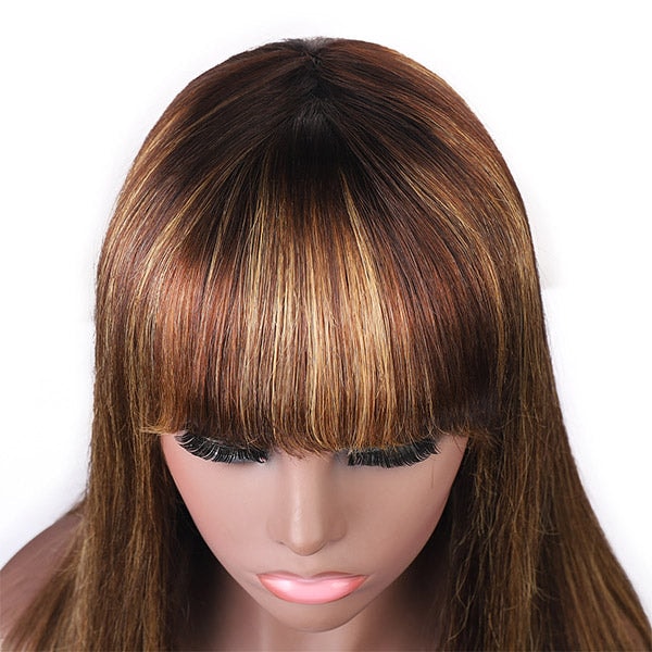 Brown Highlight #P4/27 Straight With Bangs Glueless Beginner Wig Human Hair Wigs