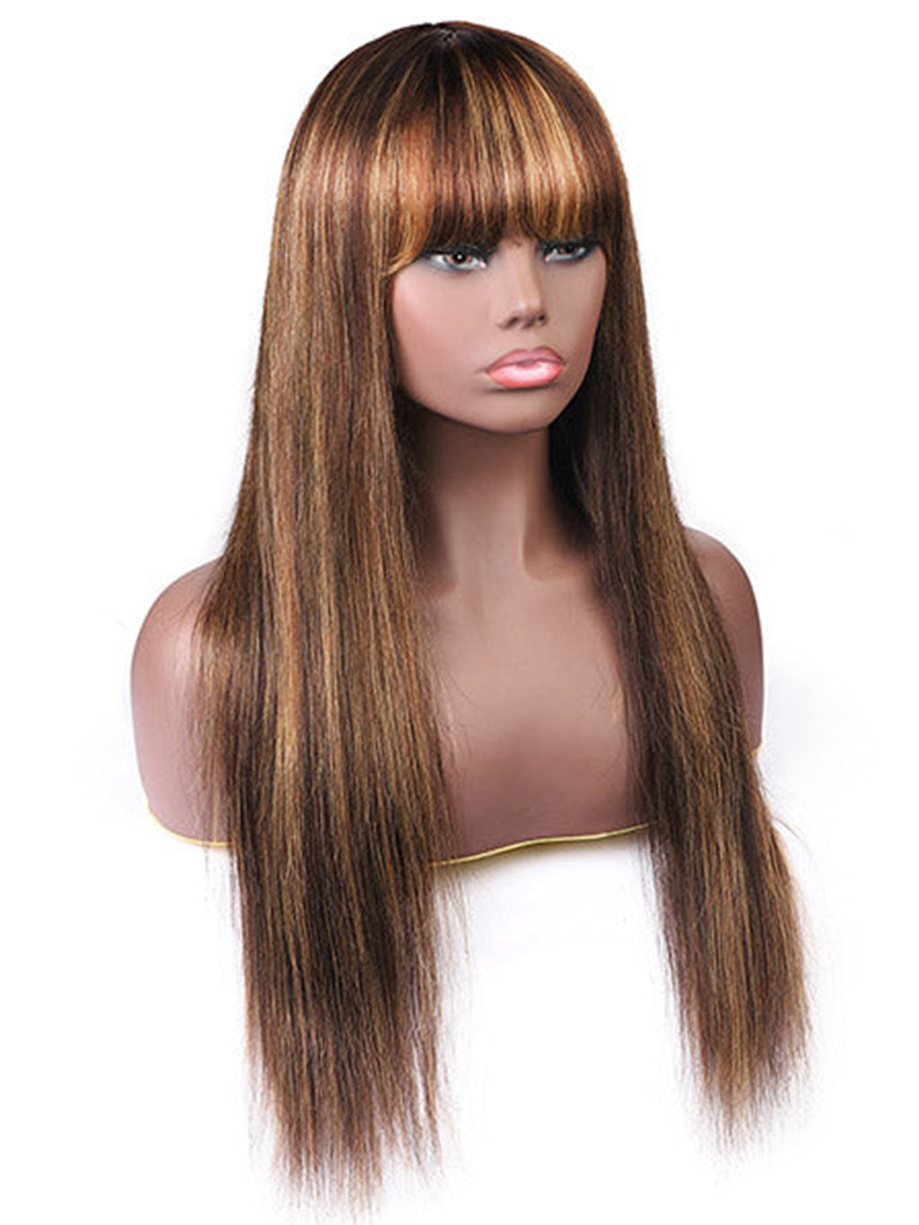 Honey Blonde Brown Highlight #P4/27 Straight Hair With Bangs Glueless Beginner Friendly Human Hair Wigs