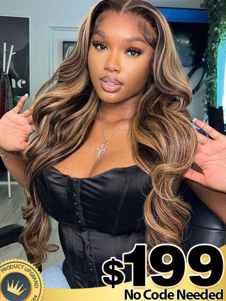 Dorsanee Highlights Piano Color #4/27 Brown Wig with Blonde Highlights Glueless Ready To Go Lace Front Wig