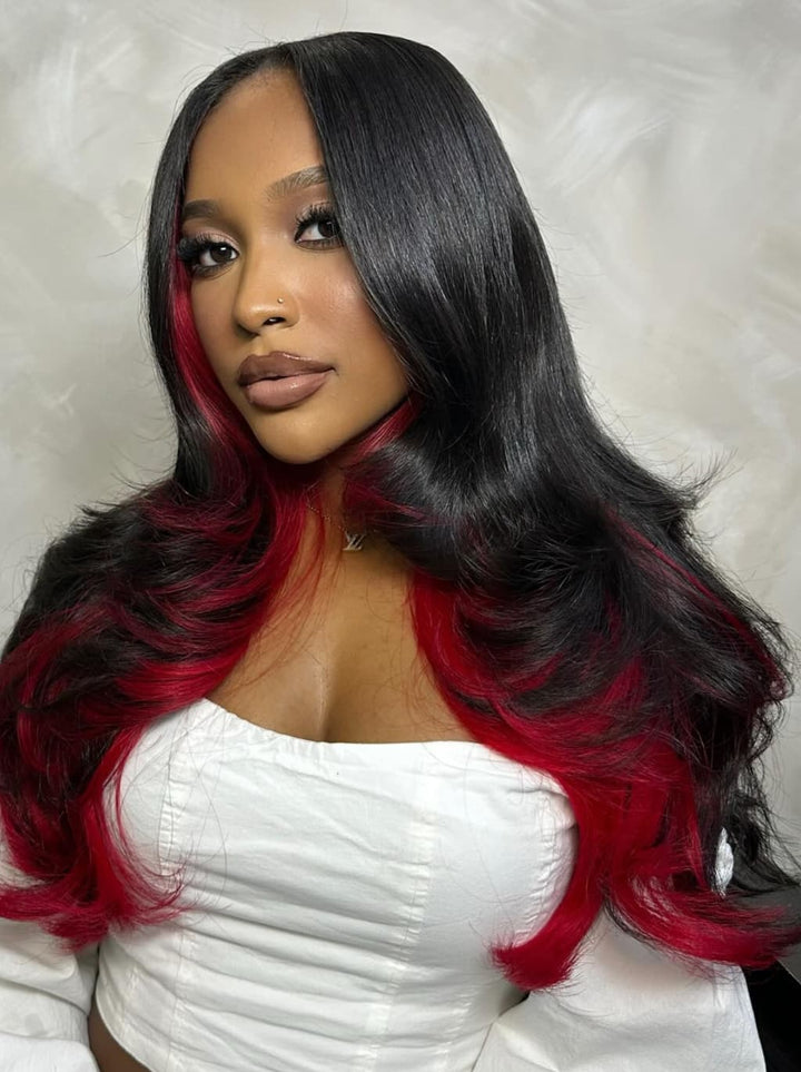 Dorsanee Peekaboo Black Burgundy 99J Red 13x4 Lace Front Human Hair Wigs 200 Density