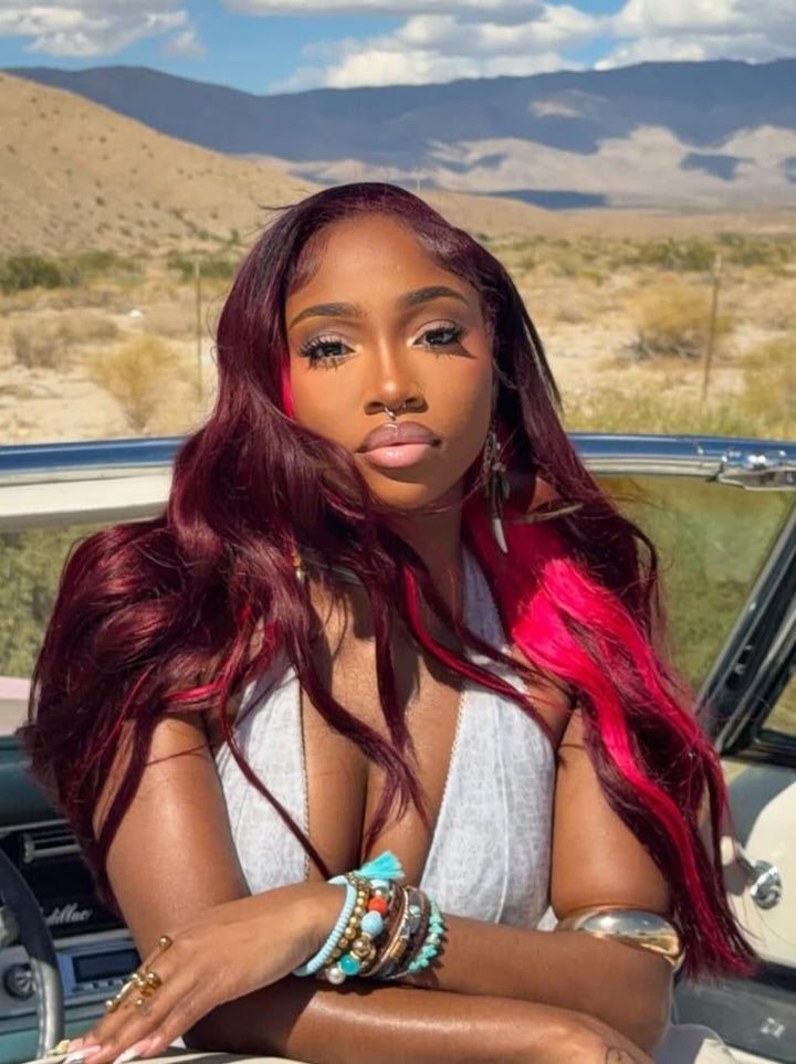 Dorsanee Peekaboo Deep Burgundy Red Hot Pink 13x4 Lace Front Human Hair Wig 200 Density