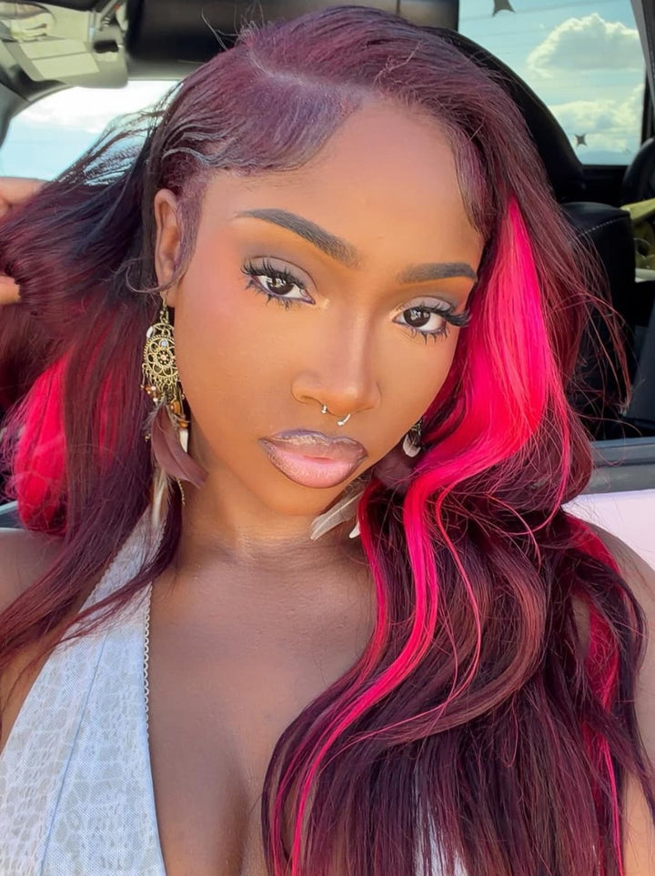 Dorsanee Peekaboo Deep Burgundy Red Hot Pink 13x4 Lace Front Human Hair Wig 200 Density