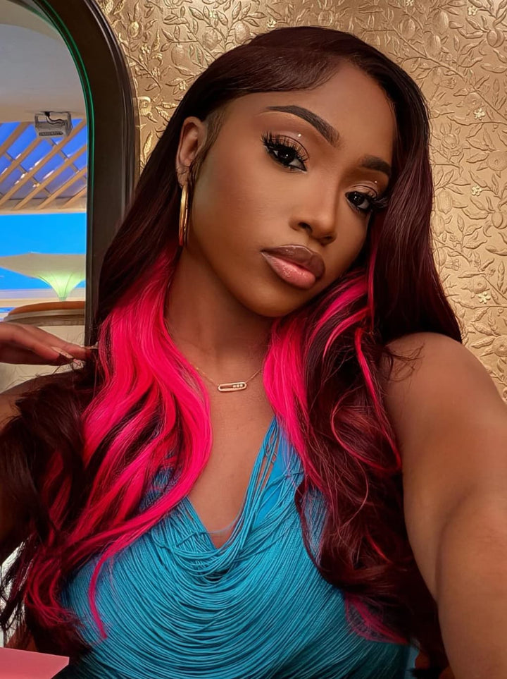 Dorsanee Peekaboo Deep Burgundy Red Hot Pink 13x4 Lace Front Human Hair Wig 200 Density
