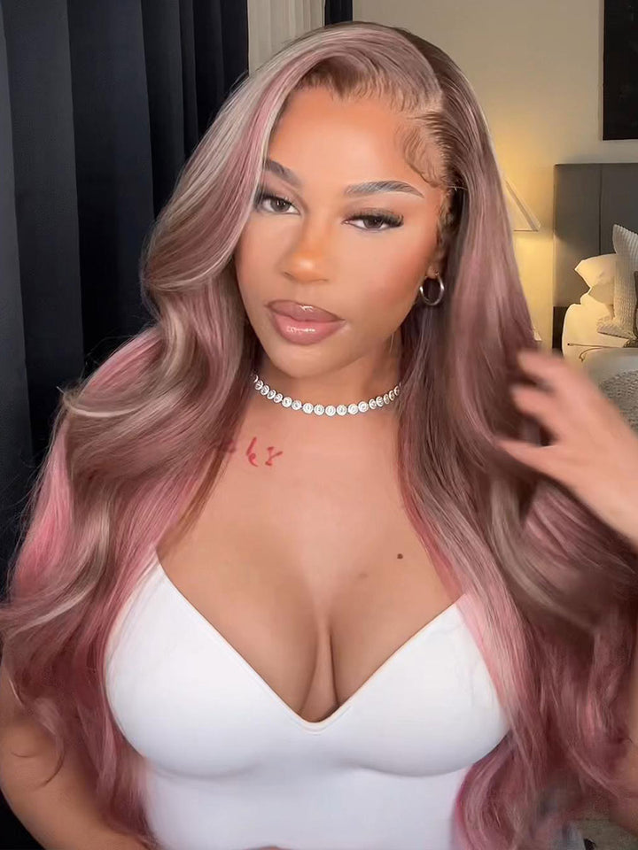 Pink Skunk Stripe Ombre Blonde And Pink Highlights Body Wave Lace Wig