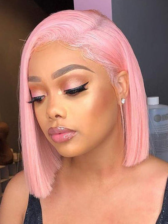 Pink Color Short Straight Bob Wigs Virgin Human Hair For Black Women