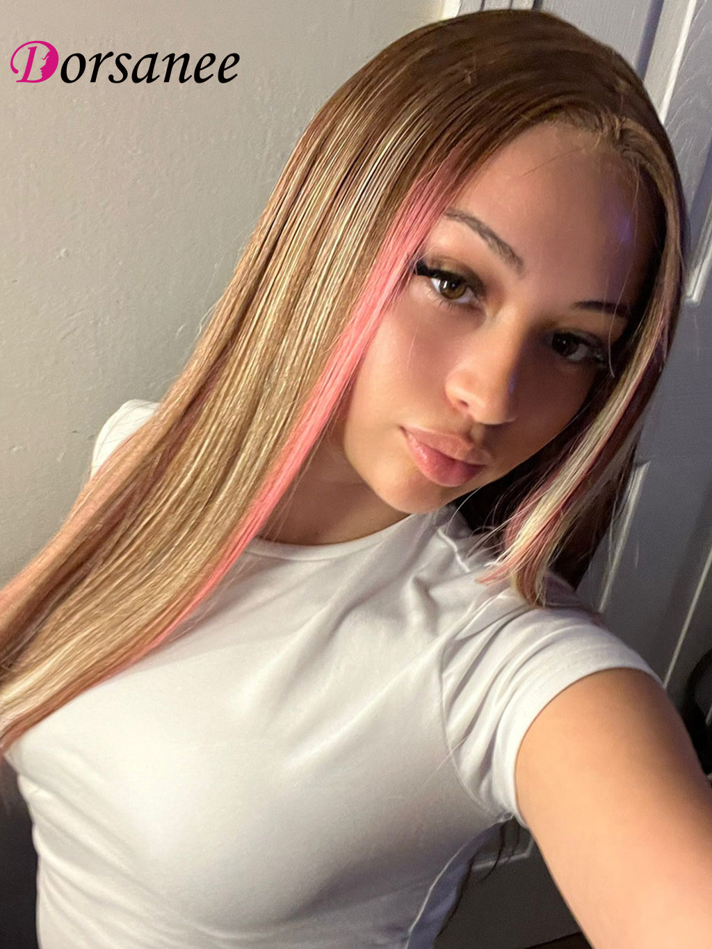Dorsanee Hair Pink Highlights In Brown Hair Straight Wig With Blonde And Pink Highlights Human Hair Wig