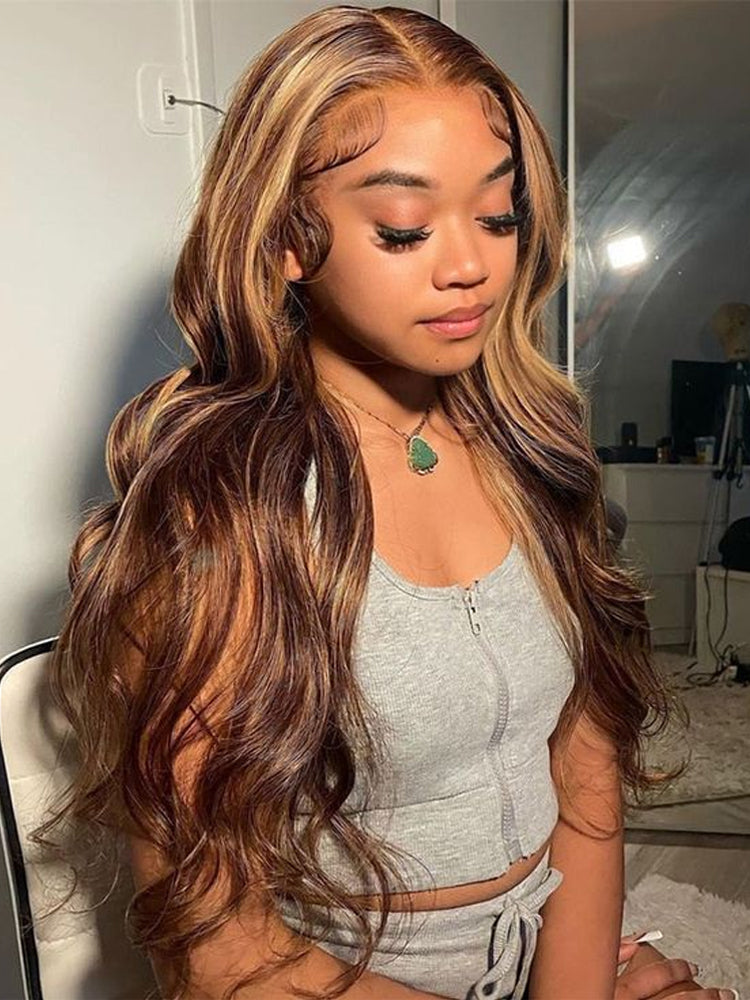 13x4 Pre_Evertyhing Frontal Wig Invisible Knots Blonde Highlight Body Wave Put on and Go Glueless Lace Wig