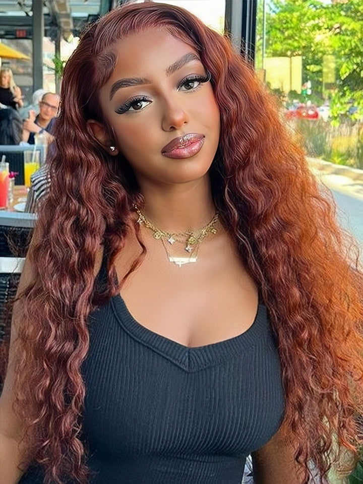 Reddish Brown 13x4 Water Wave Lace Front Wig Copper Red HD Full Lace Frontal Human Hair Wigs