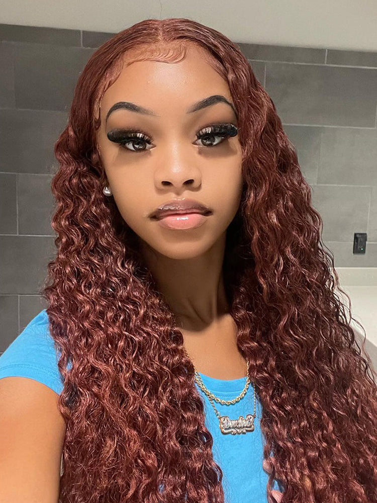 Reddish Brown Lace Front Wigs for Black Women 28 Inch Curly Wig Cooper Red Deep Wave Wig 4'' Simulated Scalp Middle Part Synthetic Natural Crimps Curls Hair Replacement Wigs