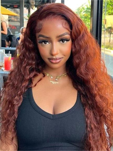 Reddish Brown Water Wave Auburn Color 13X4/5x5 Lace Front Wig Human Hair Pre Plucked with Baby Hair