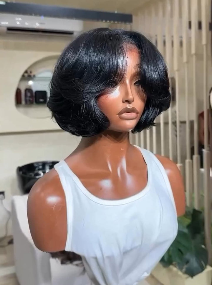 Dorsanee Short Layered Flip Curtain Bangs Bob 13x4 Lace Frontal Human Hair Wigs