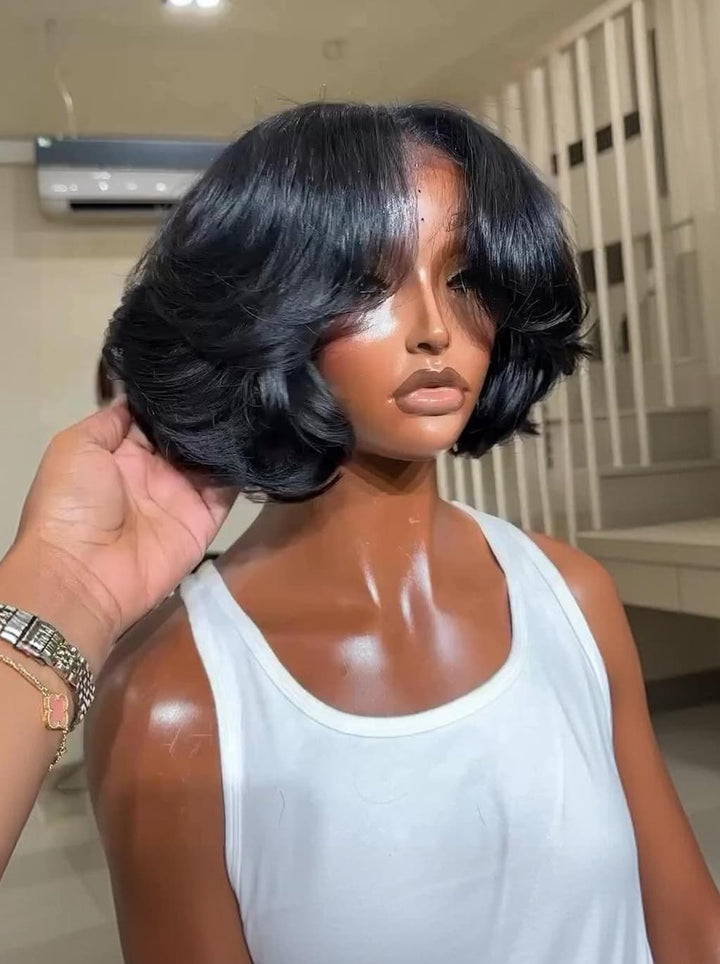 Dorsanee Short Layered Flip Curtain Bangs Bob 13x4 Lace Frontal Human Hair Wigs