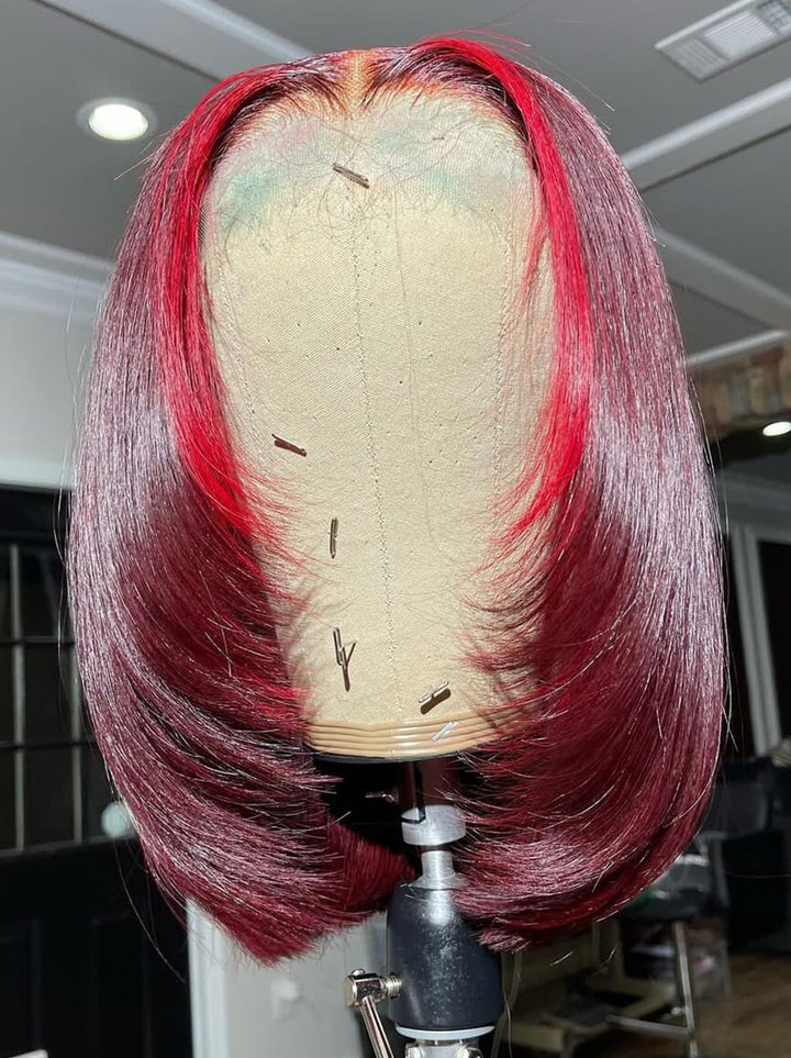 Dorsanee Short Medium Layered Cut Burgundy Red Skunk Stripe Bob 13x4 Lace Front Human Hair Wig