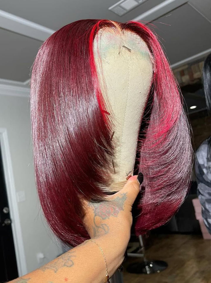 Dorsanee Short Medium Layered Cut Burgundy Red Skunk Stripe Bob 13x4 Lace Front Human Hair Wig