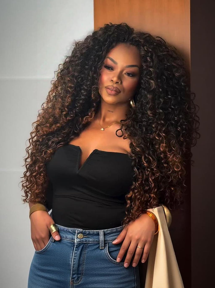 Dorsanee Spiral Kinky Curly Ombre Black Brown 13x4 Lace Front Human Hair Wigs