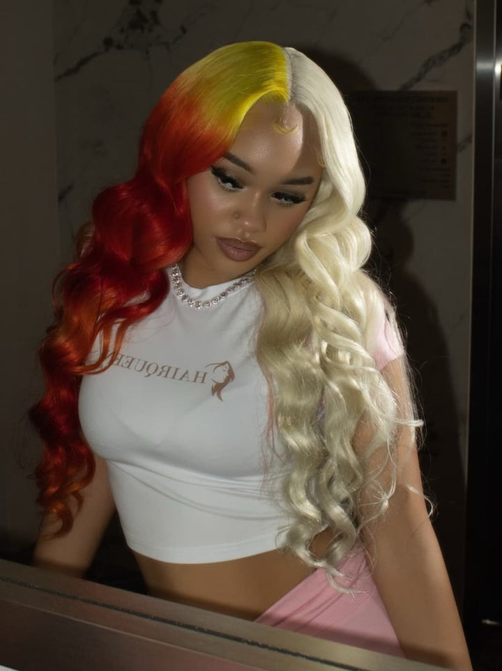 Dorsanee Split Dye Half Blonde Half Ombre Yellow Hot Red13x4 Lace Front Virgin Human Hair Wig