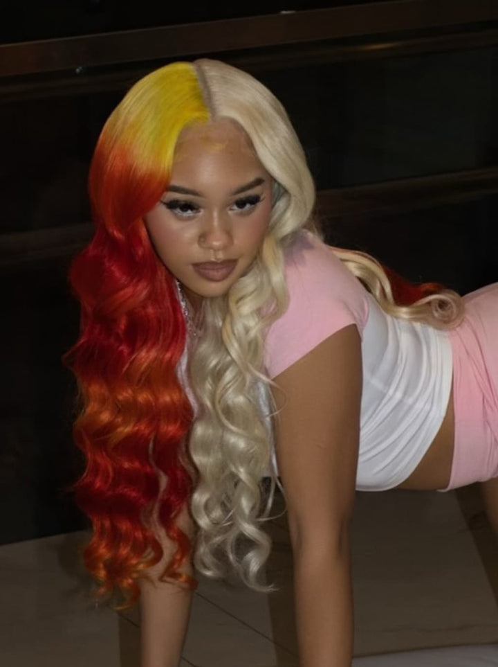 Dorsanee Split Dye Half Blonde Half Ombre Yellow Hot Red13x4 Lace Front Virgin Human Hair Wig
