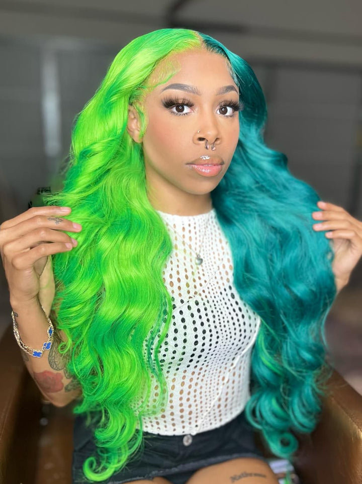 Dorsanee Split Dye Half Green Half Blue Luxury Summer Beach Vacations 13x4 Lace Front Human Hair Wig