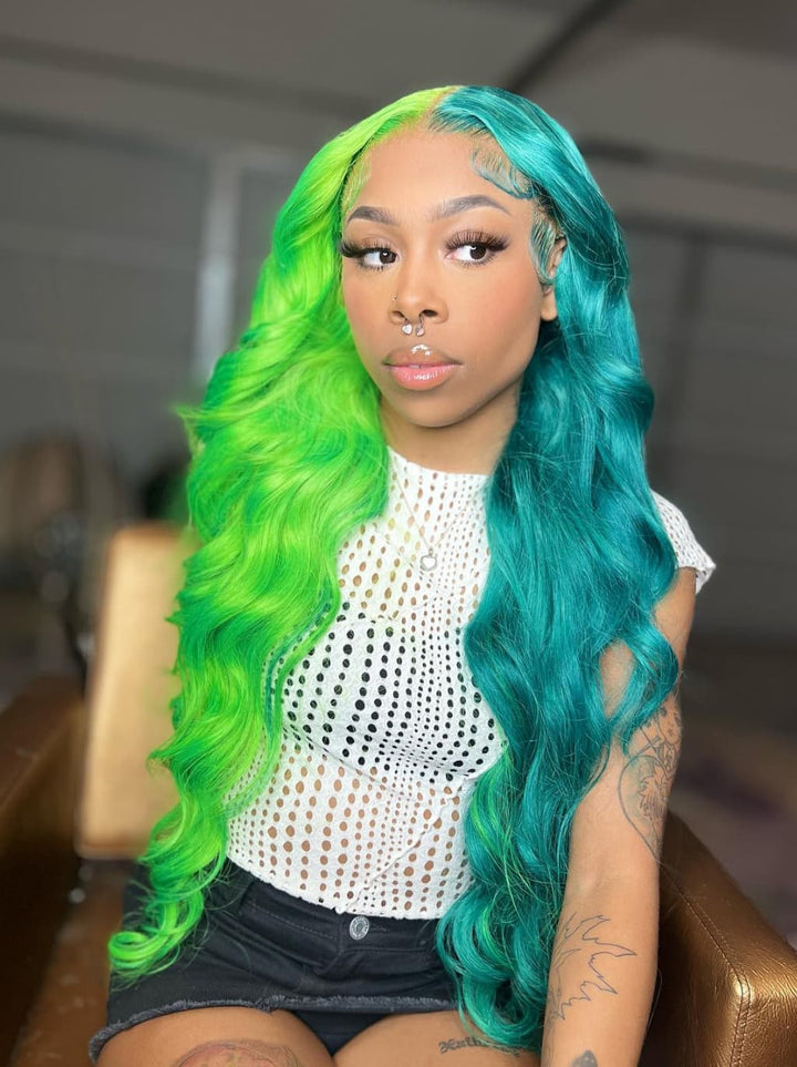 Dorsanee Split Dye Half Green Half Blue Luxury Summer Beach Vacations 13x4 Lace Front Human Hair Wig