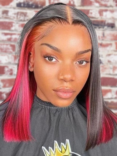 Straight Short Peekaboo Bob Wigs Two Tones black with Red Peekaboo Wigs