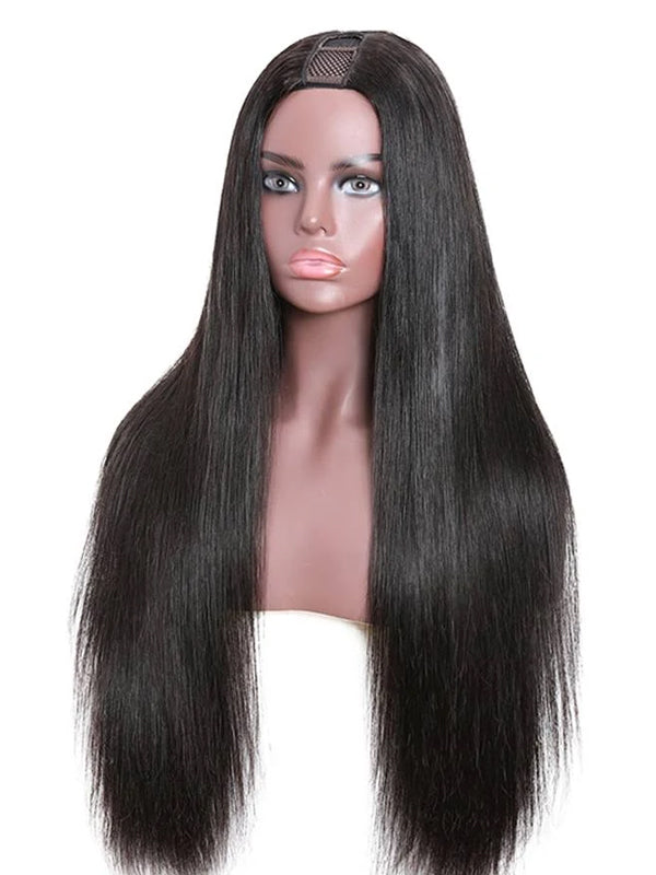 Straight Human Hair Wigs for Black Women Human Hair Glueless No-Sew In No Leave Out Beginner Friendly U Part Wig 180% Density Natural Black 